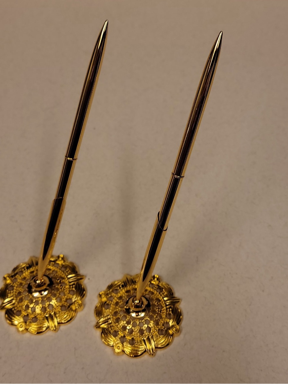 Gold Decorative Pen Holders with Matching Gold Pens - Set of 2